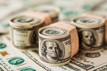 Close-up of three rolled-up stacks of US dollar bills with Benjamin Franklin's portrait visible, lying on a bed of scattered dollar bills.