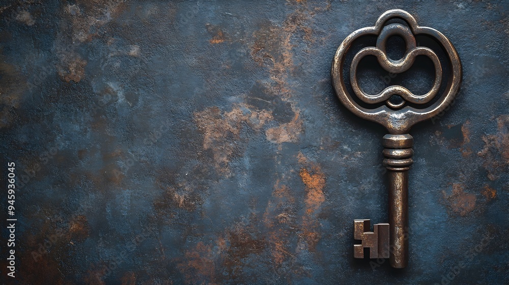 Poster a conceptual image of a metal key seamlessly fitting into an unusual abstract and geometric keyhole 