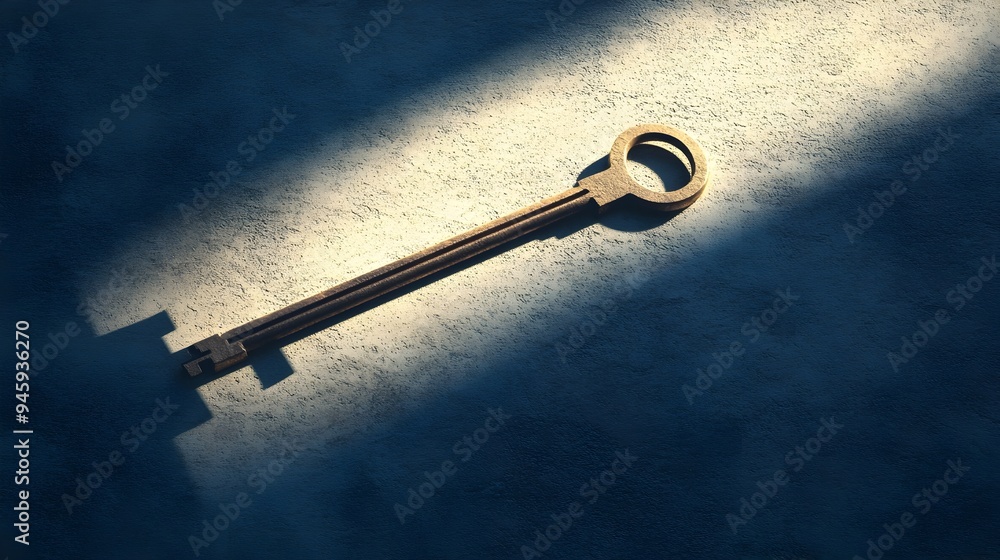 Poster a conceptual image depicting a key that casts a long shadow in the shape of a door symbolizing the i