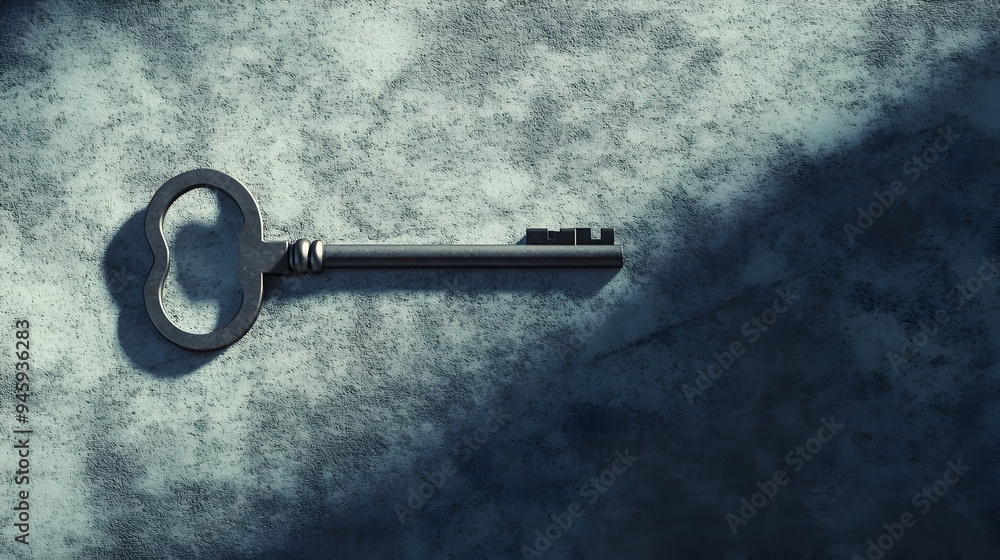 Poster a conceptual and surreal image of a key casting a long geometric shadow that takes the shape of a do