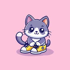 Obraz premium Adorable Cartoon Kitten Playing with Yellow Shoes on Pink Background