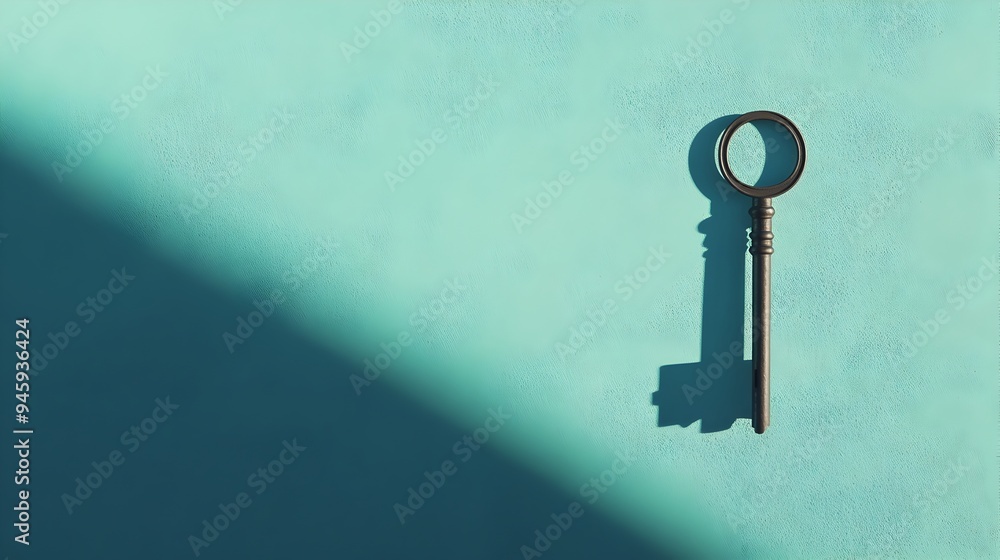 Poster a conceptual image of a key that casts a long shadow in the shape of an open door or portal symboliz