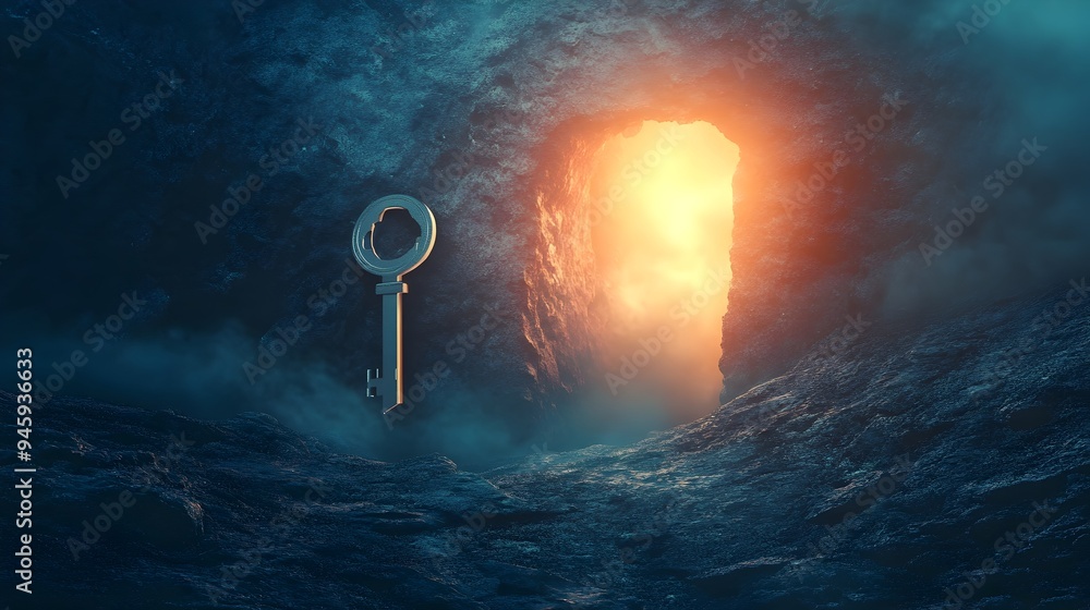 Poster a conceptual image depicting a key unlocking the gateway to an enchanting other dimensional realm of
