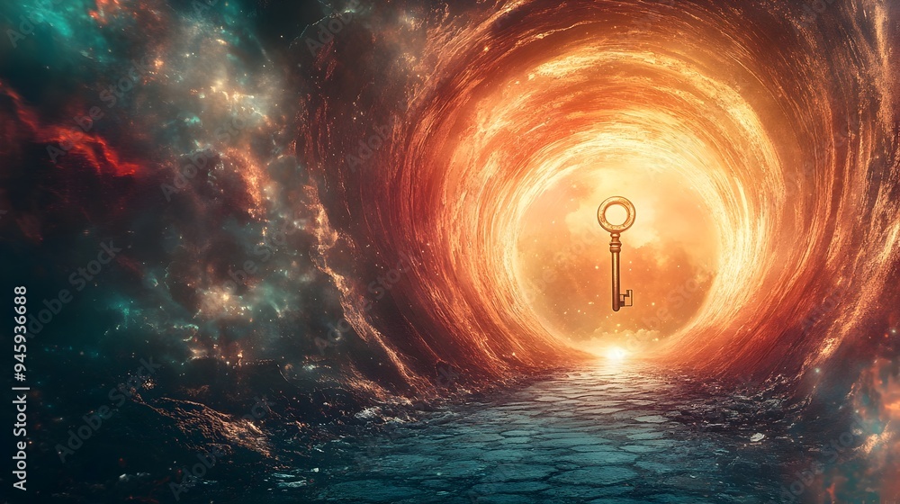 Poster Conceptual image of a key unlocking a portal to another dimension or parallel universe representing the idea of the boundless potential of imagination and innovation