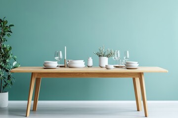 A modern dining table set for a meal with decorative plants and tableware.