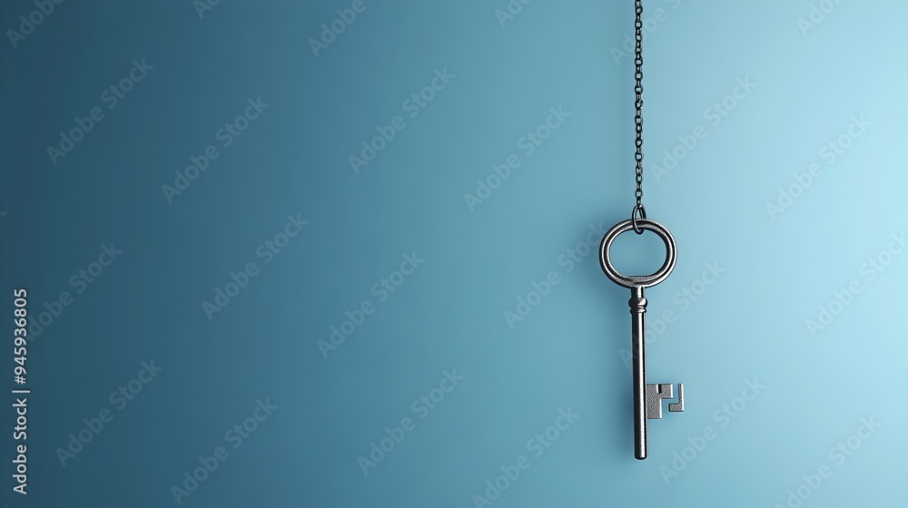 Poster a conceptual 3d rendering of a key hanging from an invisible thread with ample copyspace around the 