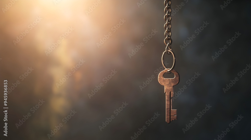 Poster conceptual minimalist image of a key hanging from an invisible thread representing ideas opportuniti