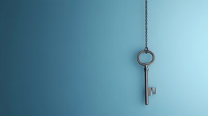 A conceptual 3D rendering of a key hanging from an invisible thread with ample copyspace around the minimal modern design  This image represents the concepts of access security creativity
