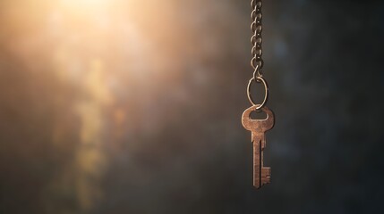 Conceptual minimalist image of a key hanging from an invisible thread representing ideas opportunities and the unseen potential for growth and success  The simple