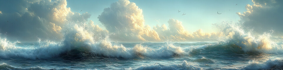 Fototapeta premium Majestic ocean waves crashing under a partly cloudy sky with subtle light creating a serene yet powerful visual drama of the sea