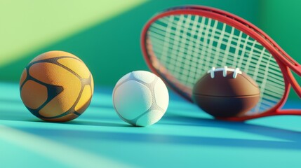 The ball and racket are arranged against a green backdrop, capturing the dynamism of diverse athletic activities.