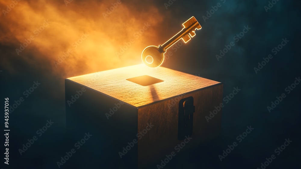 Poster a conceptual image depicting a key unlocking a glowing mysterious box revealing a bright light that 