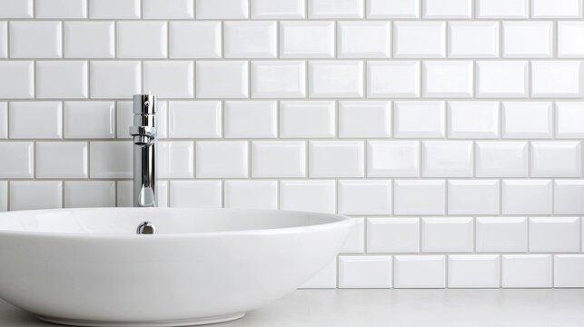 A bathroom wall covered in classic white subway tiles, with subtle grout lines creating a clean, timeless look