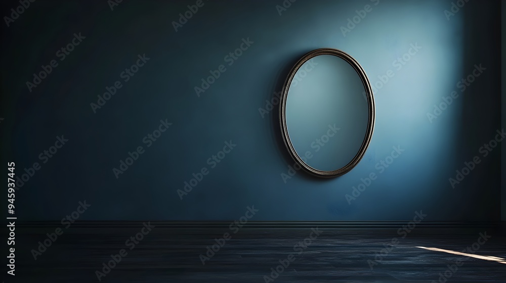 Poster conceptual image of a solitary wall mounted mirror creating a reflective illusion in an empty dark i