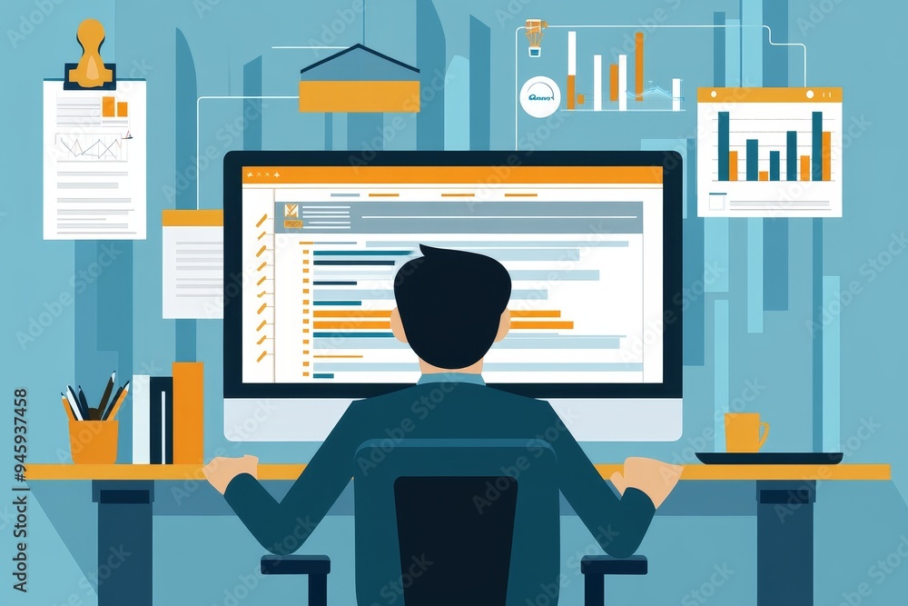 Poster a businessman sitting at a desk and looking at a computer screen with charts and graphs on the scree
