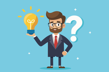 Question and answer, q and a or solution to solve problem, FAQ frequently asked question, help or creative thinking idea concept, smart businessman holding question mark sign and lightbulb solution.