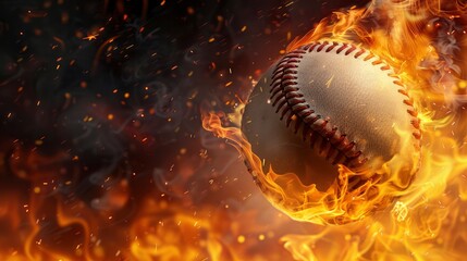 A flying baseball in a fire flame on a dark black background. Dynamic game of baseball, fast ball. Fire game. Creative baseball advertising