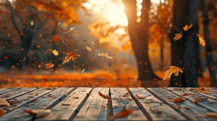 Autumn background. Wooden empty boards table against the backdrop of an autumn park with colorful falling leaves, beautiful bokeh with sunset lighting