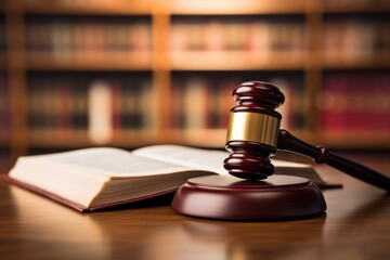 Wooden judge gavel on a law book publication courthouse bookshelf.