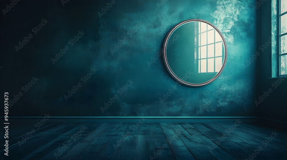 Poster a conceptual image showcasing a simple yet striking mirror reflection against a dark empty room wall