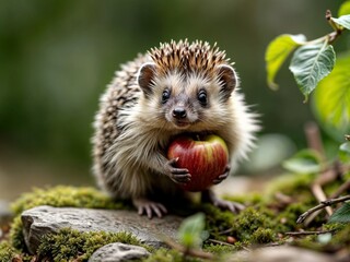 Fototapeta premium Adorable hedgehog holding an apple while sitting on a moss-covered log