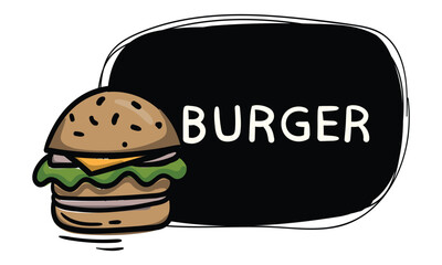 Simple black hand drawn label with burger. Vector template for price tag, label, sticker. Menu design for cafes, restaurants