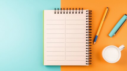 Colorful workspace featuring a blank notebook, pens, and a cup, perfect for planning or creative tasks.