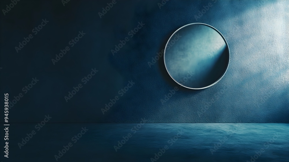 Poster conceptual image of a simple mirror hanging on a dark empty wall creating a reflection and copy spac