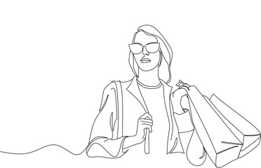 Girl happy shopping holding bags lineart design vector for poster and banner