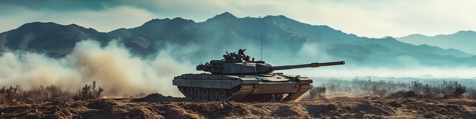 Modern Battle Tank Advancing Across Dusty Terrain, Mountain Background, Smoky Atmosphere, Intense and Powerful Militaristic Mood.