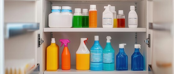 A clean and orderly storage cabinet with disinfectants and food safe cleaners, highlighting how cleanliness routines are essential for minimizing pathogens in stored items