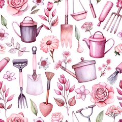 Pink Gardening Tools and Flowers Watercolor Illustration with Copy Space