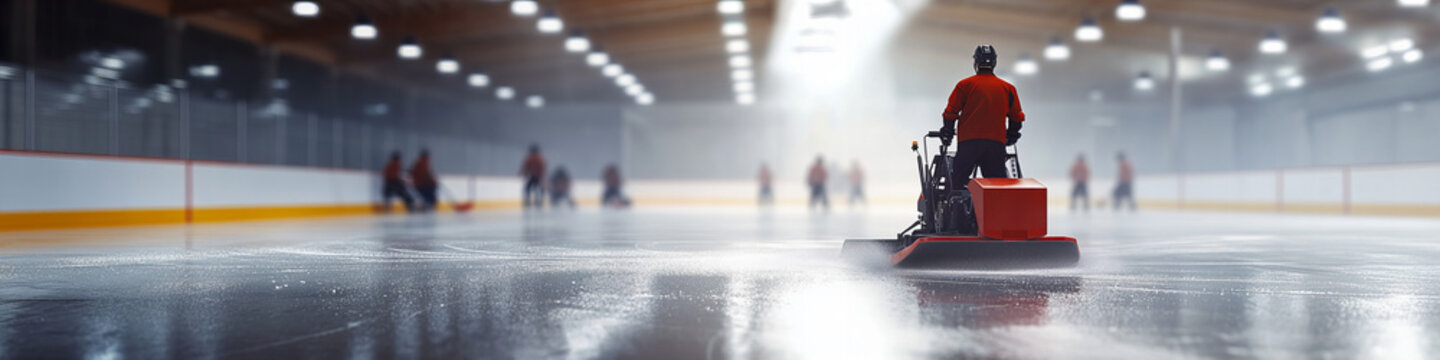 Ice Hockey Arena with Zamboni on Smooth Ice Surface, Low Lighting and Players in Background, Creating a Calm Yet Anticipatory Mood