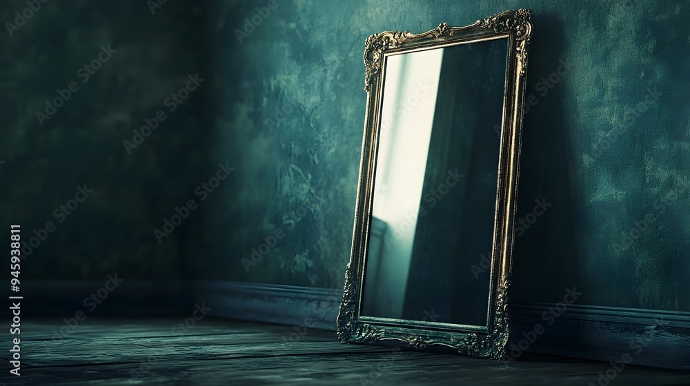 Poster conceptual image showcasing a minimalist mirror that reflects nothing but darkness and void evoking 