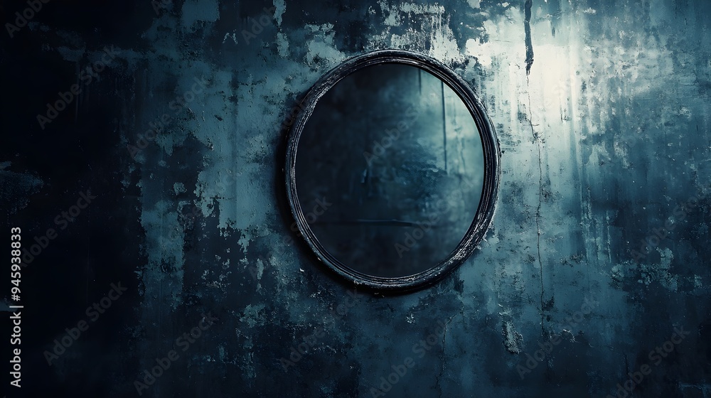 Poster a conceptual image of a mirror that reflects nothing but darkness creating a mysterious and enigmati