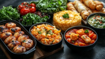 Top view various sushis, far eastern dishes, sushi, delicious chinese dishes and seafood, Food photography