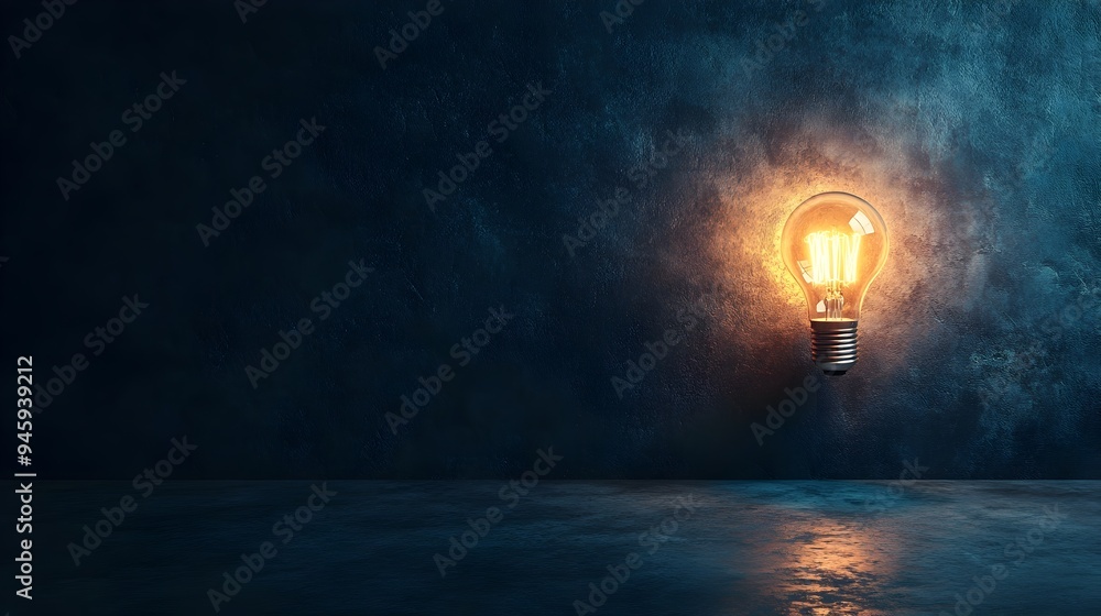 Poster conceptual image of a single light bulb glowing in a dark empty room with ample copy space available