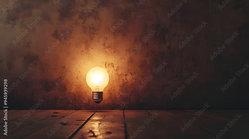 Poster conceptual image of a single light bulb glowing in a dark empty room providing a sense of and creati