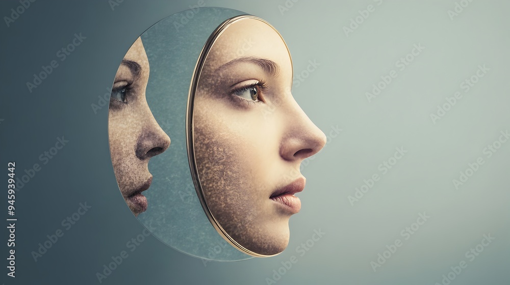 Poster conceptual image of a mirror that reflects a different person or reality when looked into suggesting
