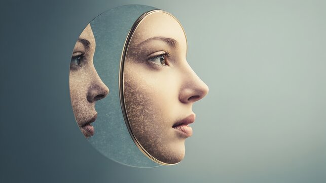 Conceptual image of a mirror that reflects a different person or reality when looked into suggesting the possibility of parallel universes and the nature of identity and self