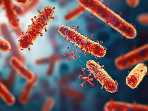 A high resolution image showing the microscopic growth of bacteria due to cross contamination, leading to potential infections, with labels and diagrams explaining the process