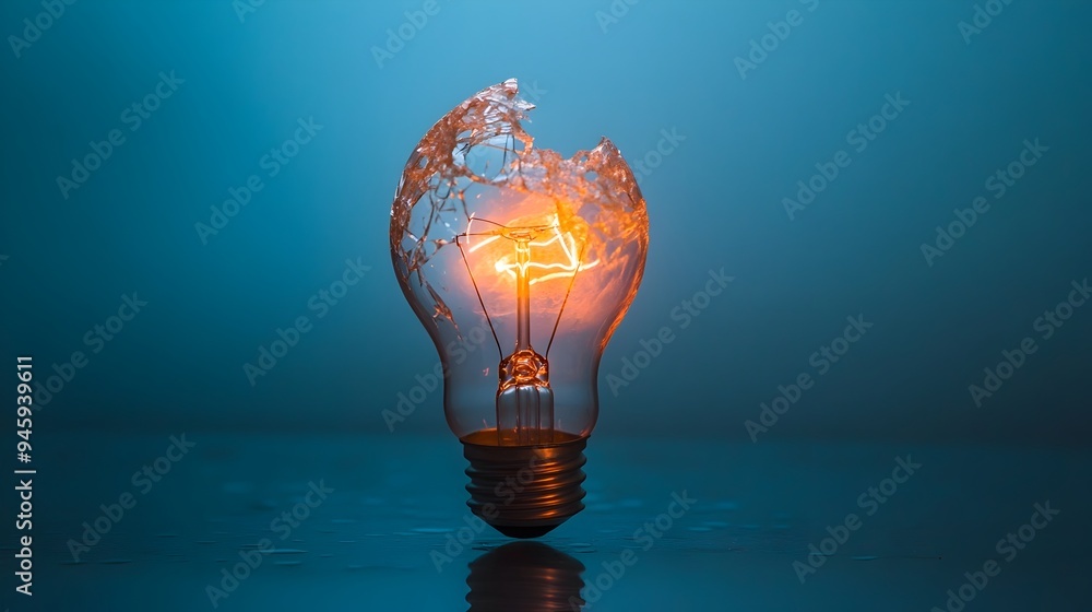 Poster a conceptual image of a broken light bulb with light still shining from within symbolizing innovatio