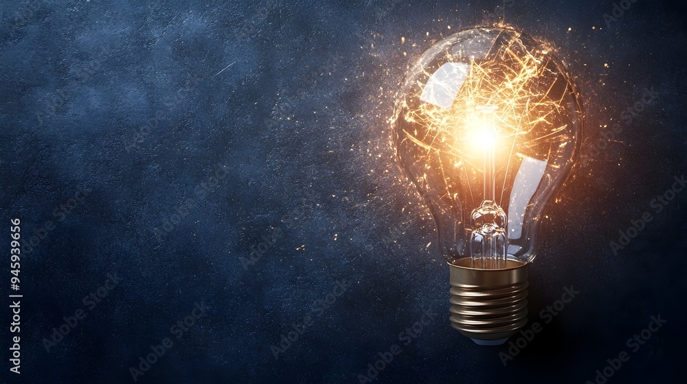 Poster conceptual image of a broken light bulb with light still shining from within symbolizing creativity 