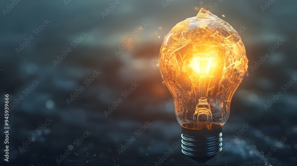 Poster a conceptual image of a broken light bulb with light still shining from within providing ample copy 