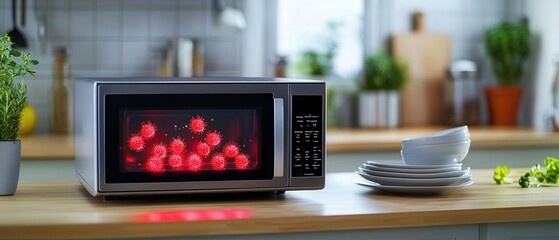 A kitchen scene with a microwave in action