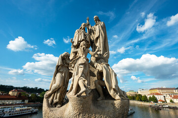 Statue of St. Cyril and St. Methodius on Charles bridge, Prague. Czech Republic