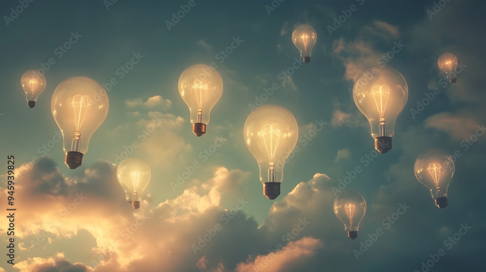 Poster conceptual image of multiple light bulbs floating in the sky like colorful balloons symbolizing inno
