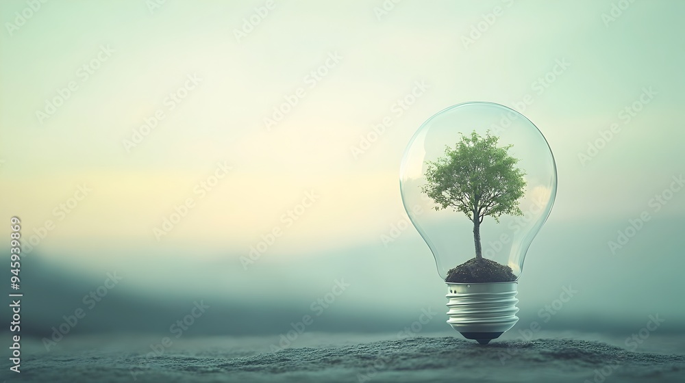 Poster a conceptual image of a light bulb with a tiny tree growing inside it symbolizing the potential for 