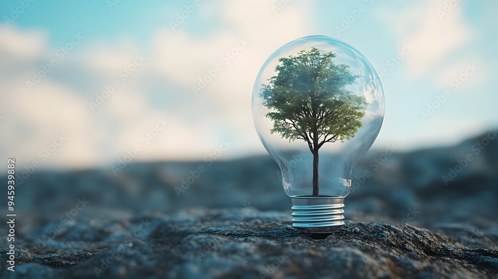 Poster a conceptual image showcasing a light bulb with a tiny tree thriving within symbolizing the harmonio