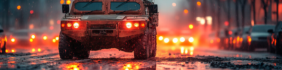 Heavy military vehicle driving through rainy, illuminated city street, blending urban elements with gritty, rugged machinery, evoking resilience and strength